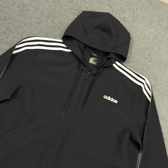 Adidas Jacket Mens XL Black White Three Stripes Full Zip Windbreaker Hooded - Picture 1 of 9